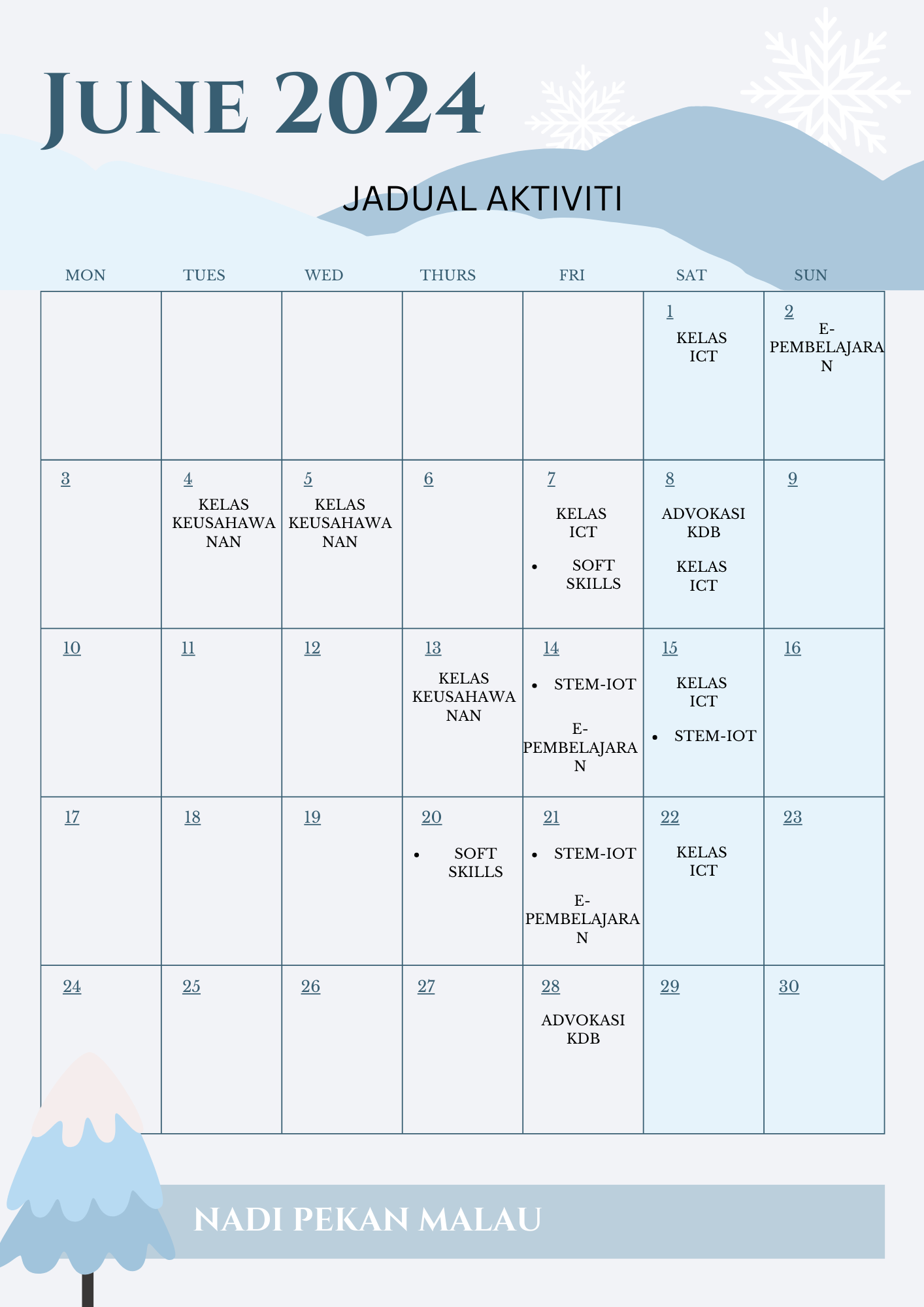 Light Blue Winter June 2024 A4 Planner